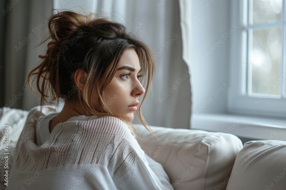 Desperate and Worried Homemaker. Side View of Confused Female Sitting on Sofa at Home, Stressed Over Personal Life Problems Desperate and Worried Homemaker. Side View of Confused Female Sitting on Sofa at Home, Stressed Over Personal Life Problems