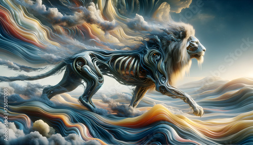 a lion with an exoskeleton-like appearance, blending organic and mechanical elements. The lion moves through a dream-like landscape that appears fluid and ethereal. The composition convey motion
