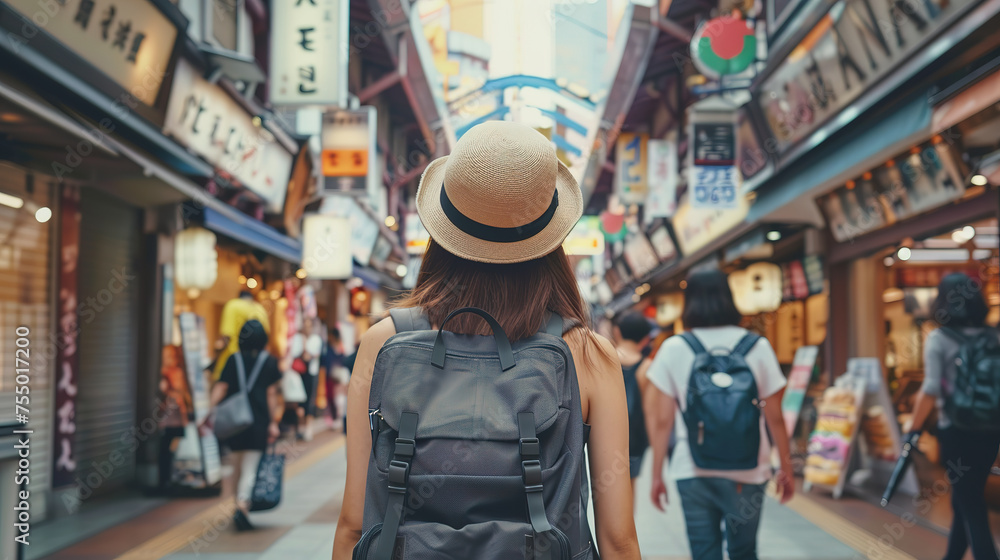 Fototapeta premium female tourist backpacker at shopping street in Osaka, Japan. Wanderlust concept.