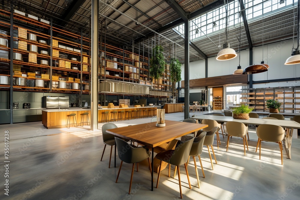 Modern high rack warehouse, dining room and kitchen in a large industrial space Modern high rack warehouse, dining room and kitchen in a large industrial space