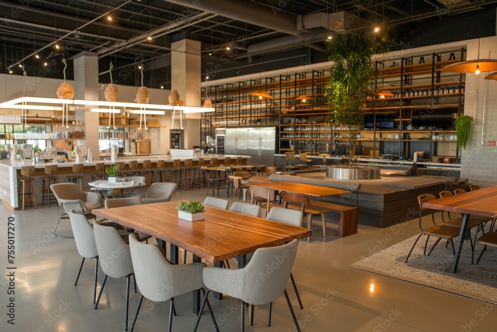 Modern high rack warehouse, dining room and kitchen in a large industrial space