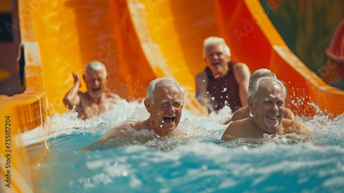 A group of joyful seniors sliding down a water slide at an amusement park, symbolizing fun and active retirement. © iSomboon