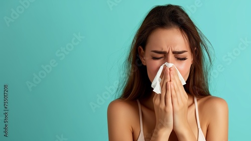 A woman sneezing into a tissue against a turquoise background, depicting illness or allergy symptoms, suitable for health awareness themes.