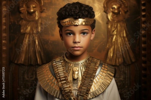 Youthful Portrait of young tutankhamun. Religion golden. Fictional person. Generate Ai photo