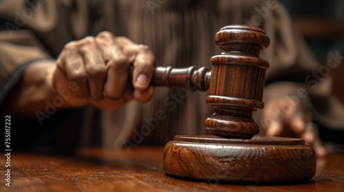 Close-up shot of hand holding gavel and hitting sound block in a court of law. Judge sees the accused guilty, passes judgement, and rules case closed.
