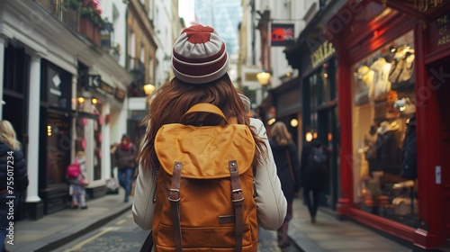 female tourist backpacker at shopping street in London, England. Wanderlust concept.