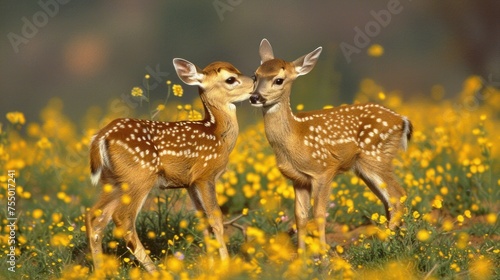 a couple of deer standing next to each other on a field of grass and yellow flowers with trees in the background. photo