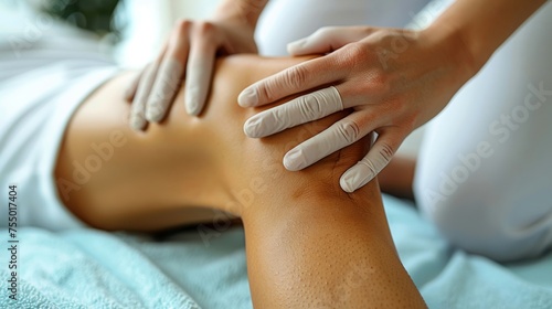 An image of a physiotherapist massaging and kneading a patient's leg provides medical treatment for sprained ligaments.