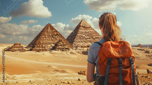 female tourist backpacker looking at pyramids of giza, egypt. Wanderlust concept.