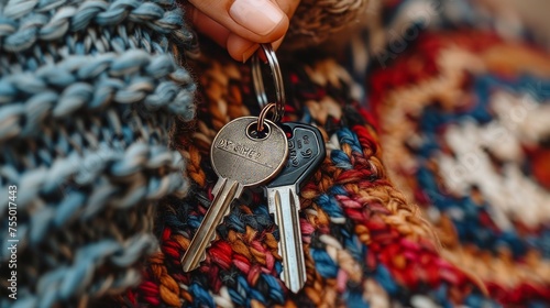 First time buyer, house owner, apartment renter, flat tenant, landlady or other female holding keys to new home, looking into camera, smiling. Concept of moving day and buying own property. photo