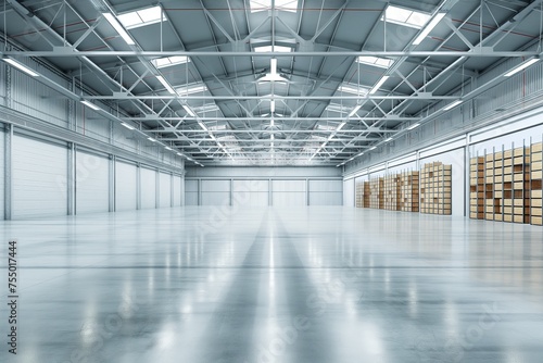 empty huge distribution warehouse with high shelves and pallet, Modern high rack warehouse © mirifadapt
