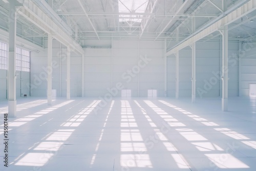 empty huge distribution warehouse with high shelves and pallet, Modern high rack warehouse
