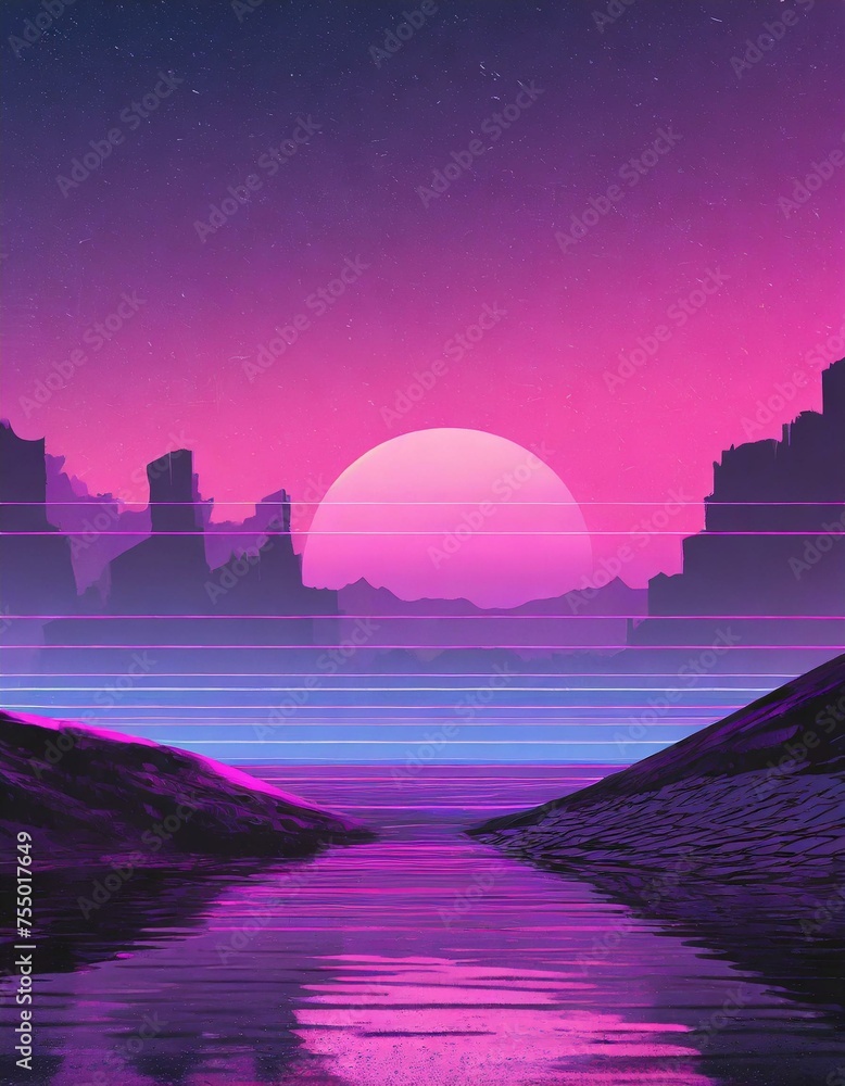 Synthwave retro cyberpunk style landscape background banner or wallpaper