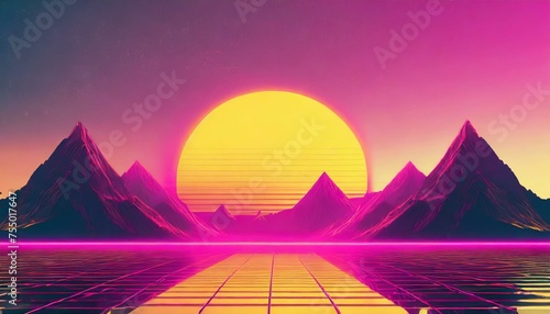 Synthwave retro cyberpunk style landscape background banner or wallpaper