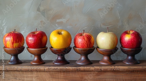 a row of wooden bowls filled with different types of apples on top of a wooden table next to a wall. photo