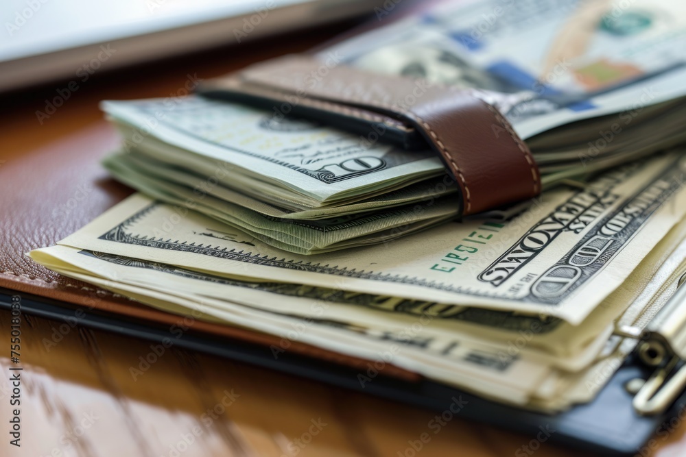 Expense Report with Cash and Accounting Summary for Annual Cost. Financial Report with Banknotes in Binder Expense Report with Cash and Accounting Summary for Annual Cost. Financial Report with Banknotes in Binder