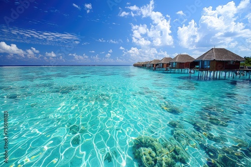 Exotic Maldives Island Landscape - Beautiful Blue Beach and House, Ideal for a Relaxing Holiday Getaway