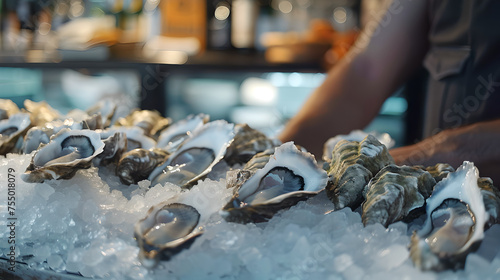 close up of fresh oysters on ice at a nobel seafood eatery photo