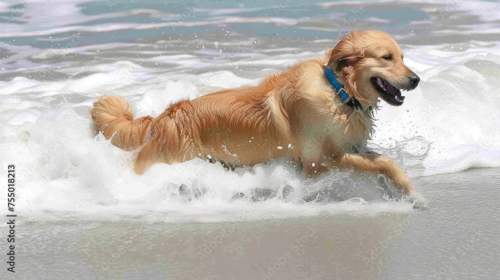 a dog is running through the water at the beach with a frisbee in it's mouth and it's mouth.
