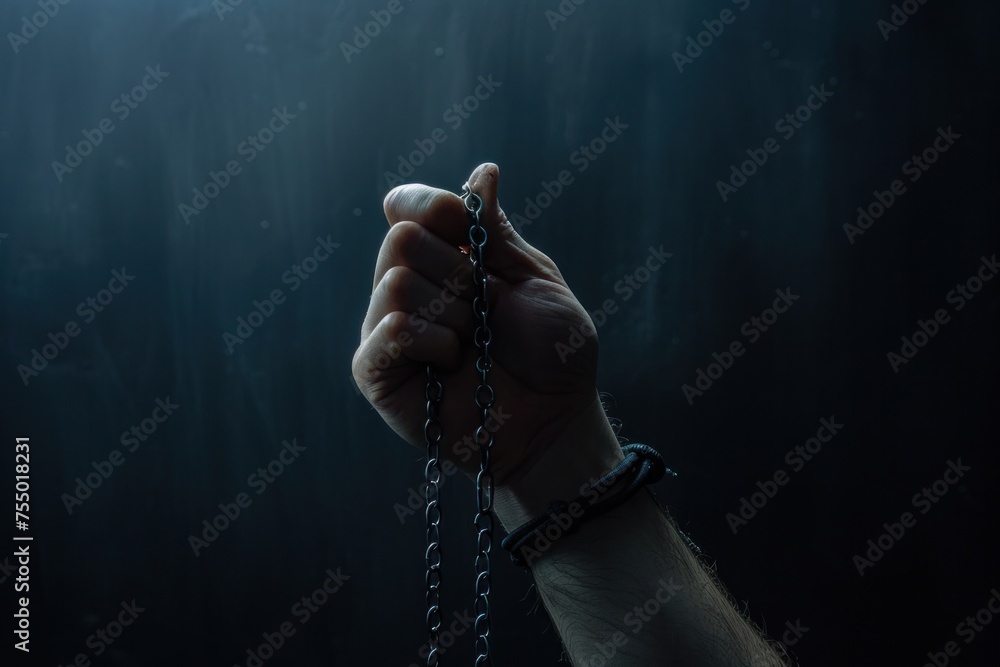 A hand holding a chain with a black wristband