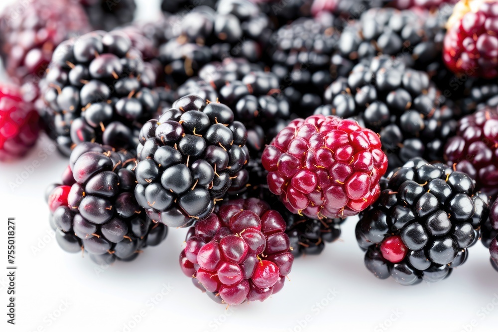 Freshly Picked Blackberries - A Closeup of Juicy Blackberries on White Background, Perfect for Appetising Agriculture and Antioxidant Concepts Freshly Picked Blackberries - A Closeup of Juicy Blackberries on White Background, Perfect for Appetising Agriculture and Antioxidant Concepts
