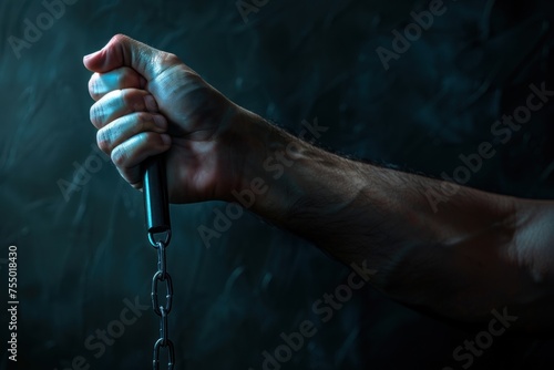A hand holding a pen with a chain in it