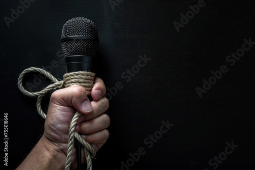 A microphone is being held by a person with a rope around it. Concept of restraint and captivity