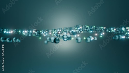 Water drops Abstract wave moving in the air close-up, 3D animation of floating small drops and glowing dots.