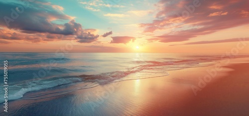 Stunning sunset/sunrise over ocean, soft waves, sandy beach, colorful sky. Generative AI #755019055