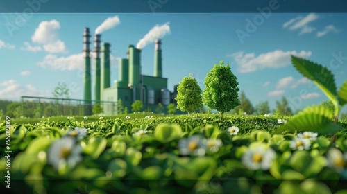 Green Factory - 3D Rendering of an Eco-Friendly Industry Concept on a Spring Meadow with Blue Sky in the Background. A Sustainable Technology for a Cleaner and Greener Future photo