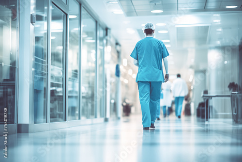 Doctors and nurses walk down bright modern hospital hall, medical background. Healthcare hospital clinic background.