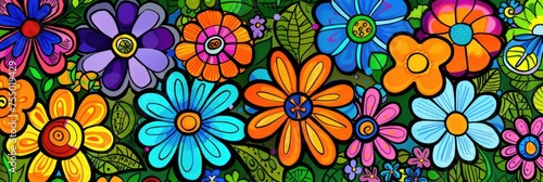 Hippie Flower Power. Groovy Retro Set of Colorful Floral Art with Flower Child Vibe for Summer Days