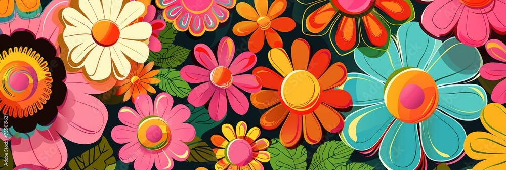 Groovy Hippie Flower Power Set. Retro Floral Art with Vibrant Summer Colors for Flower Child Aesthetic