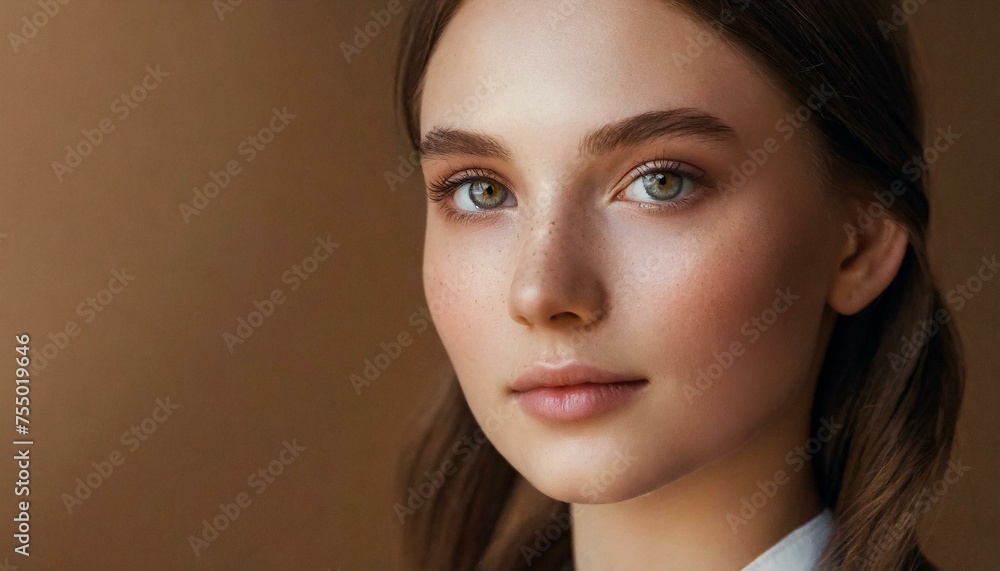 Obraz premium Portrait of a brown-haired young woman with natural makeup and natural style. Advertising of natural cosmetics, beauty salon