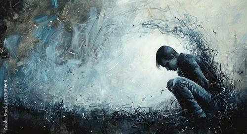 Grieved Sorrow. Concept Art of Depression, Bipolar Disorder and Mental Health depicted in Surreal Painting with Negative Attitude