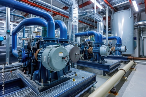 Industrial Cooling System in Boiler Room: Units, Pumps, and Compressors Power Central Air and Water Control in an Industry Setting photo