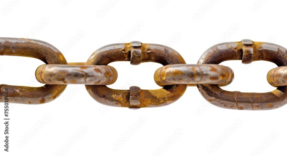 Fototapeta premium Isolated Chain. Shiny Metal Link with Golden Lock and Steel Connection on White Background