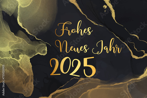 Karte oder Banner, um ein frohes neues Jahr 2025 in Gold auf schwarzem Hintergrund mit goldfarbenen Zweigen zu wünschen