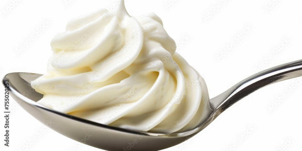 Isolated Sour Cream in Spoon. Delicious Creamy Sauce for Desserts & Dishes on White Background Isolated Sour Cream in Spoon. Delicious Creamy Sauce for Desserts & Dishes on White Background