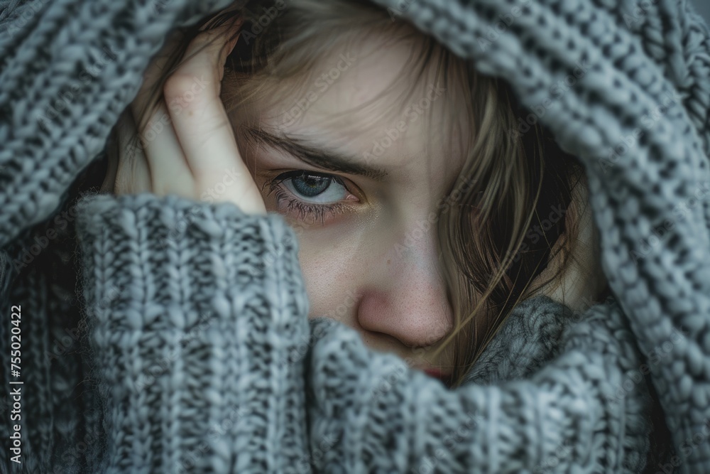 Lonely Woman Hiding Her Face. Depressed Girl Pulling Sweater Over Her Head. Emotional Adult Female Suffering from Depression and Loneliness Lonely Woman Hiding Her Face. Depressed Girl Pulling Sweater Over Her Head. Emotional Adult Female Suffering from Depression and Loneliness