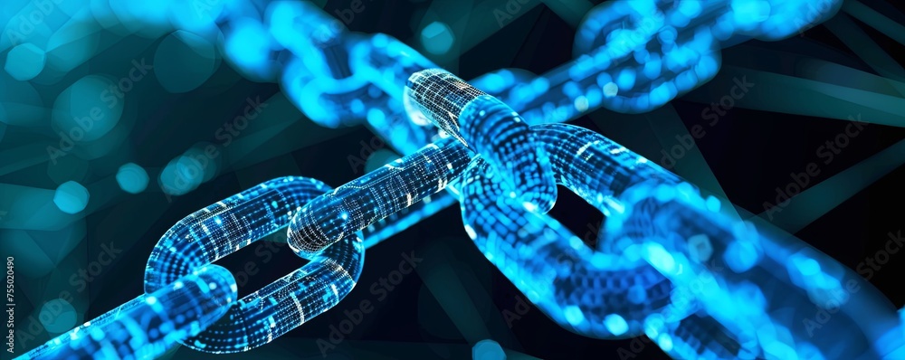 Blockchain Security Chain in Cyberspace This panoramic image vividly captures the essence of blockchain technology, with a focus on the secure, digital connections that define cyberspace.

