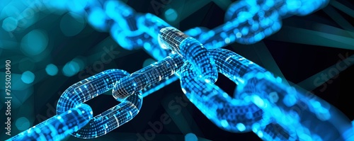 Blockchain Security Chain in Cyberspace This panoramic image vividly captures the essence of blockchain technology, with a focus on the secure, digital connections that define cyberspace.