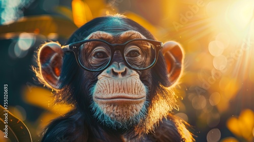 Portrait of a chimpanzee with glasses. photo