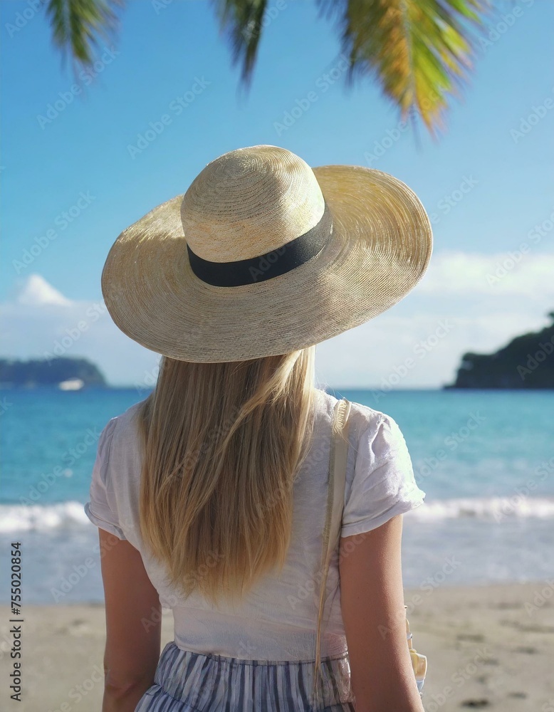  Traveller woman in hat looking on tropical beach, rear view.