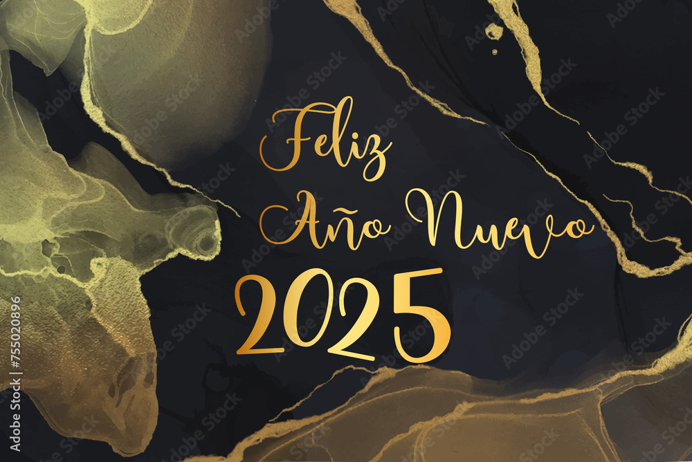 tarjeta o pancarta para desear un feliz año nuevo 2025 en oro sobre fondo negro con ramas doradas - obrazy, fototapety, plakaty 
