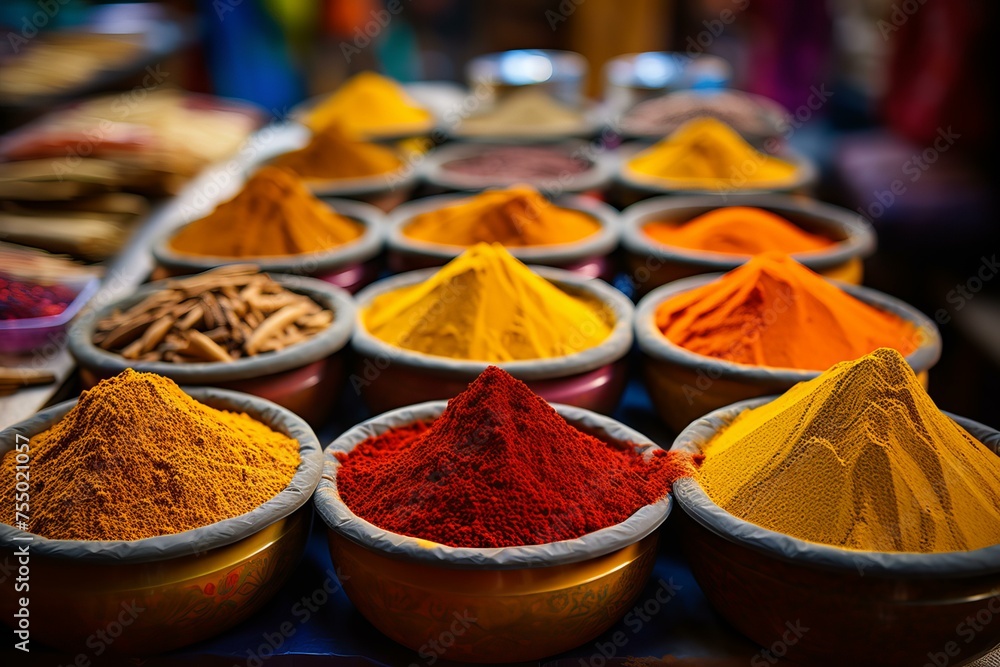Piquant Colorful powder spices. Bowl cuisine. Generate Ai