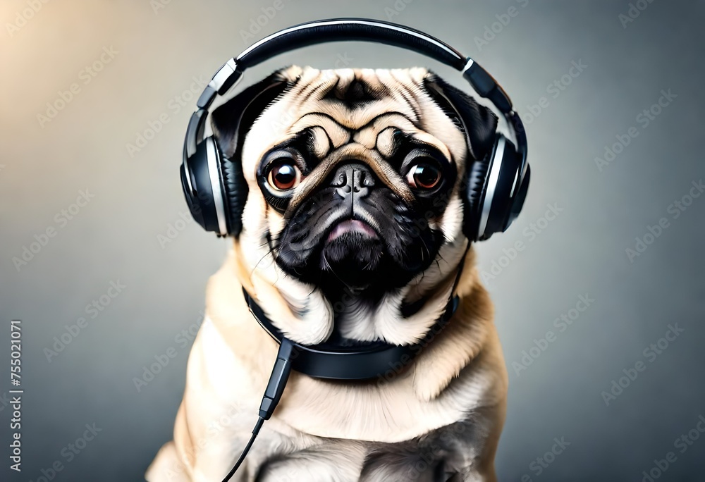 pug dog with headphones