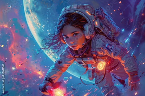 A girl in a spacesuit is flying through space. The background is a colorful, chaotic scene with many bright objects. The girl is holding a red object, which could be a flashlight or a weapon