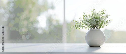 Vase and plants isolated on white marble table and blurred windows background with lense flare and copy space, apartment or kitchen interior design photo