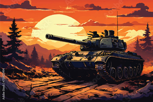 An illustration of an Army tank in combat. A scene from a battleground including a military machine tank. A combat tank. Battle-tank. army tank in the military. Armament Car. War machine. Tank.  